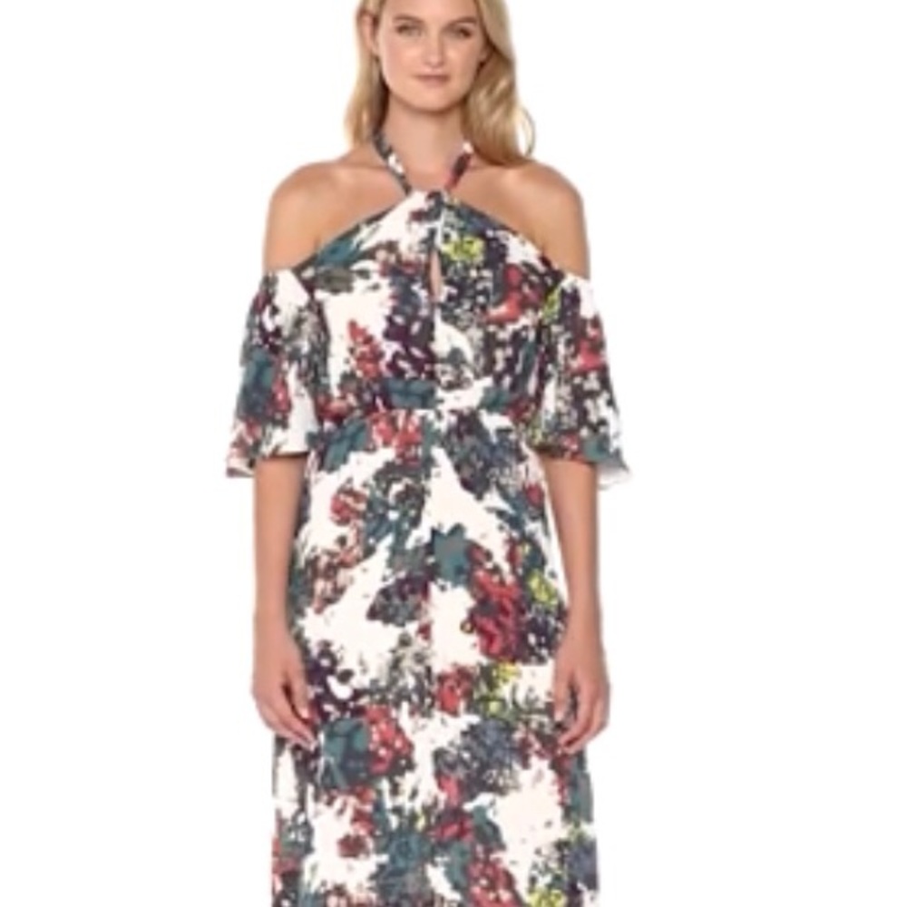 BCBG MAXAZRIA Kelley Cold Shoulder Floral Woven Halter Dress 6 with tags